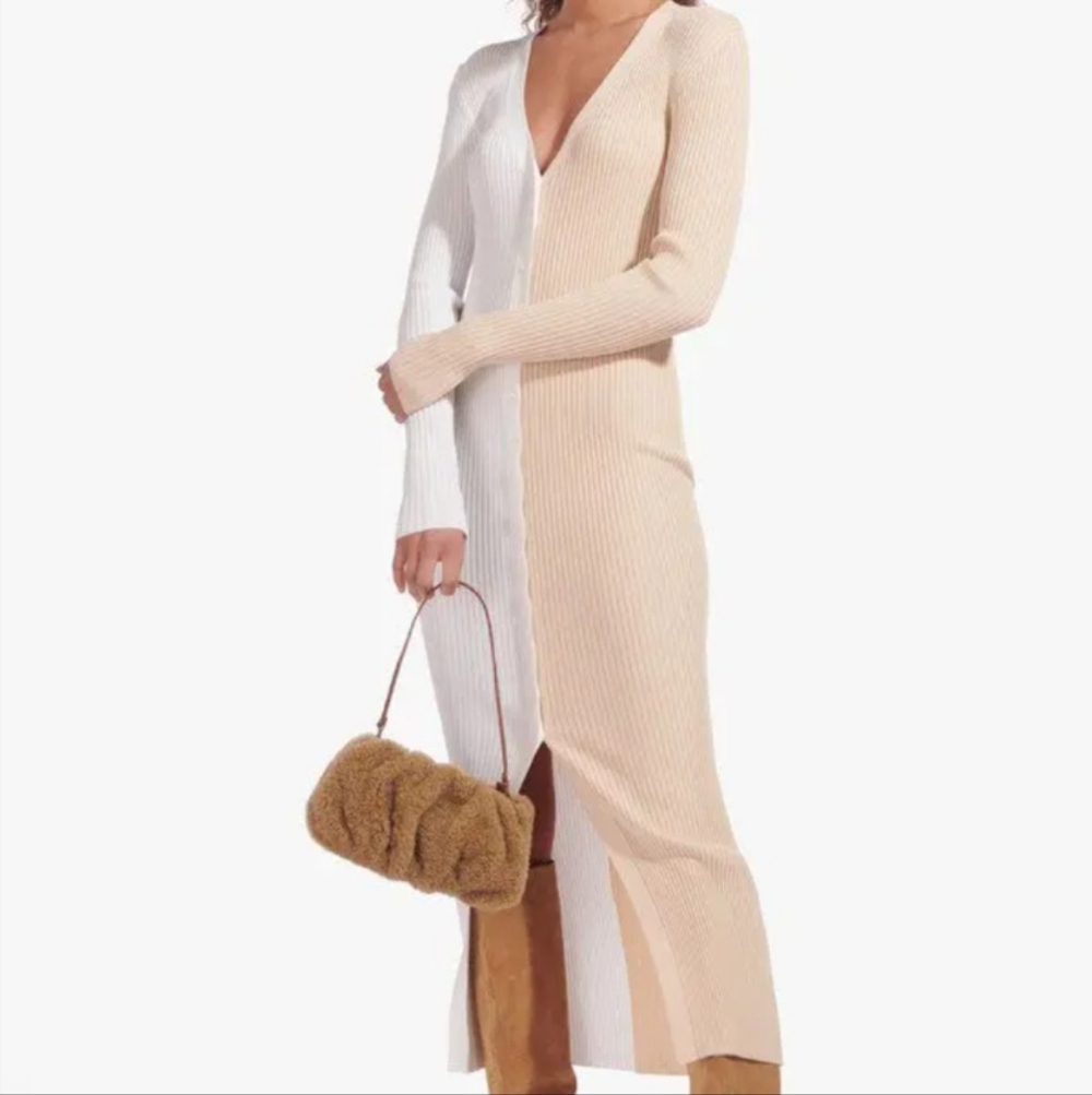 STAUD Cream Ribbed Knit Dress